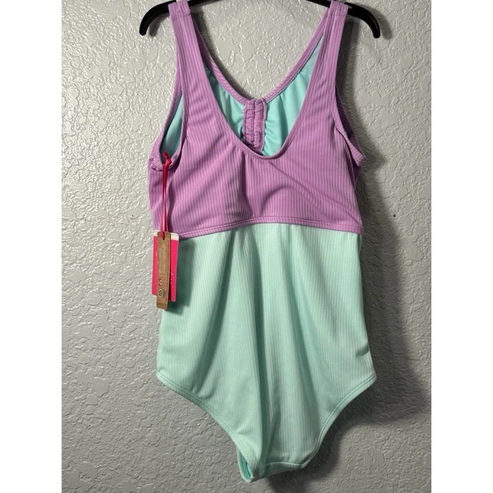 Justice Girls Size LG cutout color block One-Piece Swimsuit Ribbed Purple/Turqu